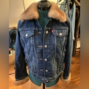 Levi's Blue Denim Jacket with Real Brown Mink Fur Collar